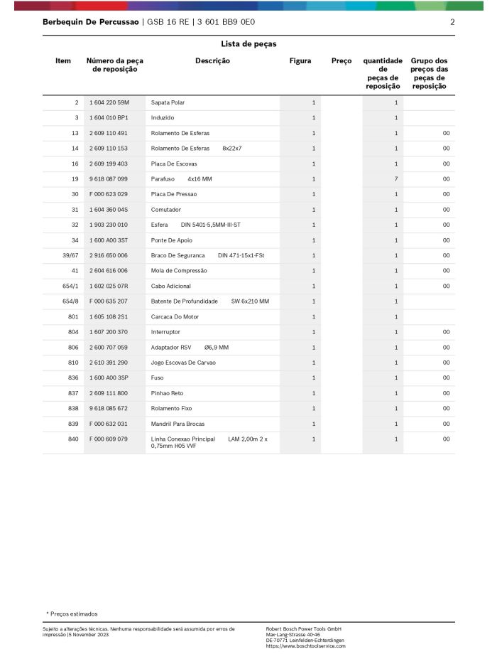 VISTA EXPLODIDA FURADEIRA GSB 16 RE 110V 3 601 BB9 0E0
